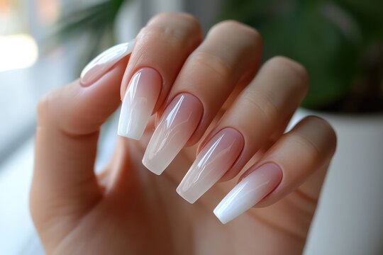 Beautiful painted nails close-up. Fashionable nail extensions with French design