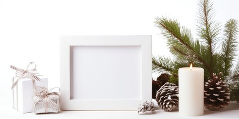 Christmas and New Year-themed background featuring an empty picture frame, fir, and vintage gift box with a blank tag, set on a white background. Scandinavian-style home decor.