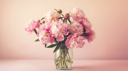 exquisite floral image with a lovely bouquet of pink peonies in a glass vase, offering a floral composition with copy space.