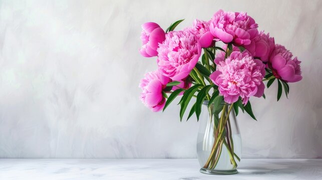 exquisite floral image with a lovely bouquet of pink peonies in a glass vase, offering a floral composition with copy space.