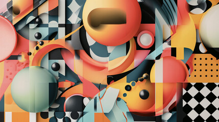 Abstract geometric background with a colorful and modern 3D composition of spheres, cubes, and patterns.
