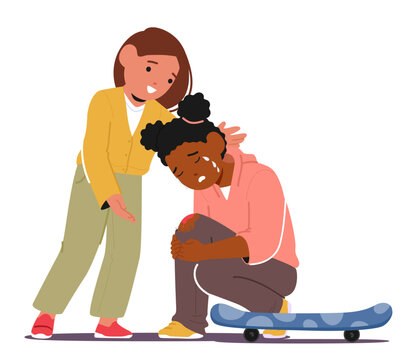 Gentle, Caring Kid Girl Embraces Her Tearful Friend, Soothing And Supporting After A Skateboard Tumble, Vector