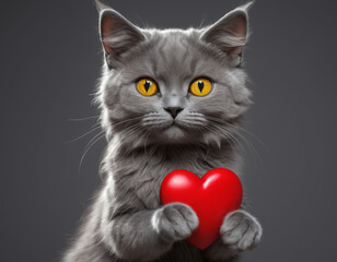 Grey Cat Holding Red Heart-shaped Object"