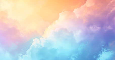 Abstract pastel watercolor background with smooth cloud-like patterns in blue, orange, and yellow hues. - obrazy, fototapety, plakaty
