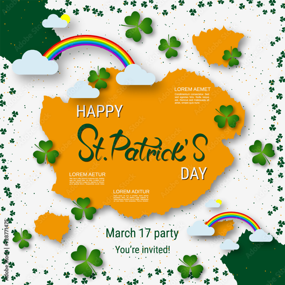 Poster st.patrick's day vector illustration. orange-white background with colorful clover leaves and design