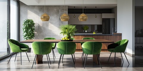 Contemporary dining area with green chairs in suede upholstery.