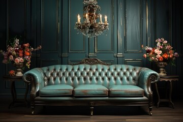 stylist and royal Antique wood sofa couch in vintage room. Classical style armchair