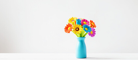 primo piano di coloratissimo vaso giocattolo con fiori in plastica