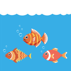 Isolated cute sea fish. Cartoon fish for children development. Varieties of decorative colored fish, flat fish design