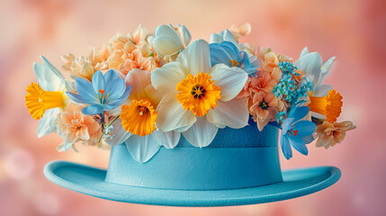 Blue hat decorated with daffodils and blue crocuses. Four seasons concept. Spring