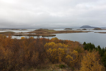 Obraz premium Iceland Lake Myvatn on a cloudy summer day.