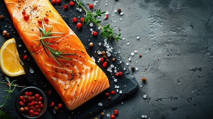 gourmet dining with a top-down view of a fresh cooked salmon steak adorned with spices and herbs