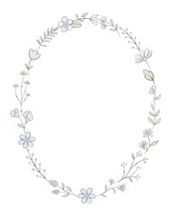 Oval frame with varied simple small flowers, plants and leaves isolated on white background. Watercolor hand drawn illustration