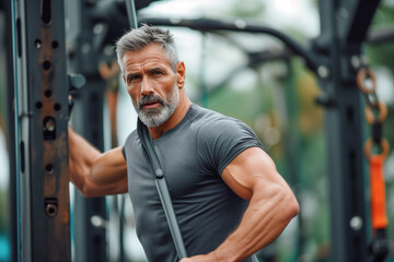 Fototapeta na wymiar Middle-aged man exercising at gym
