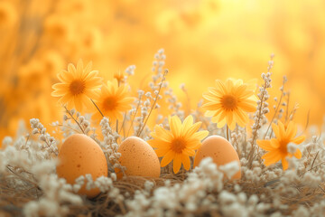 Fototapeta na wymiar Easter eggs nestled among spring flowers