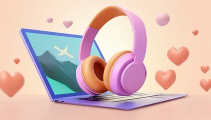 Fone de ouvido rosa em cima de um notebook (laptop) e corações ao redor - obrazy, fototapety, plakaty
