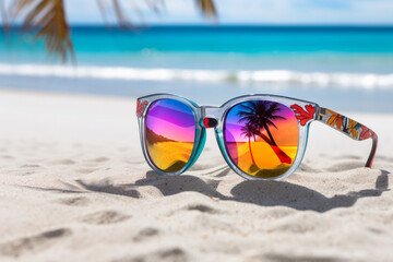 Sunglasses on the sand of a tropical beach with the reflection of a palm tree in lenses with a copy space. The concept of summer holidays and travel