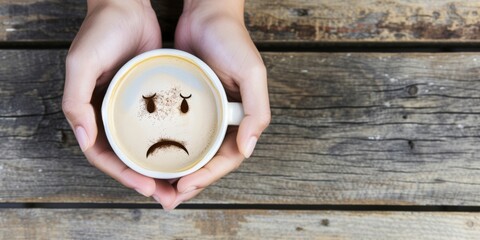 Woman hands holding coffee cup with sad face drawn on coffee. on wooden table background with copy space. Emotions, blue monday, hard morning, difficult day concept