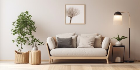 Fototapeta na wymiar Scandinavian-inspired living room featuring wooden furniture, black lamp, rattan basket, plants, and stylish accessories. Elegant home decor. Template for mock-up poster paintings.