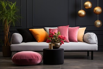 stylist and royal Grey, black, beige and pink round velvet pillows on ginger colored living room sofa - obrazy, fototapety, plakaty