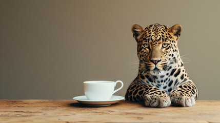 Leopard with Coffee Cup Enjoying a Peaceful Morning Break