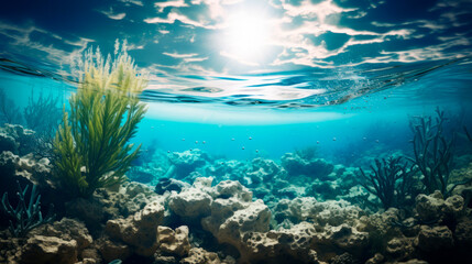 Fototapeta premium This photo captures a picturesque view of a vibrant coral reef with the sun in the background, conveying the beauty of the underwater world and its natural illumination