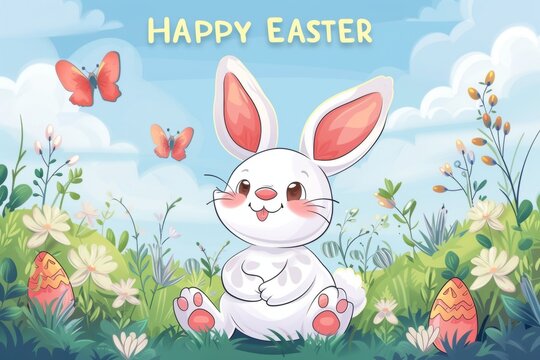 Happy Easter with a cartoon rabbit and butterflies with eggs and flowers Generative AI