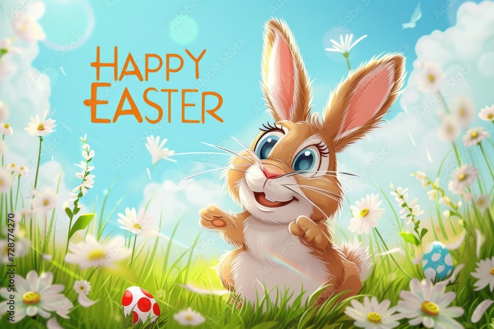 Poster happy easter rabbit in meadow with colorful eggs generative ai