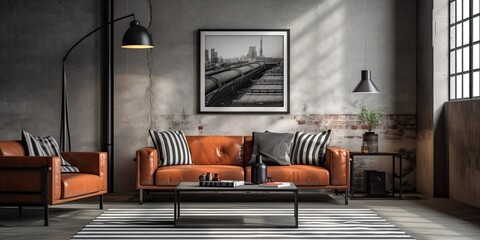 Industrial loft apartment featuring a mock up poster, brown sofa, black stripes commode, coffee table, grey rug, and lamp.