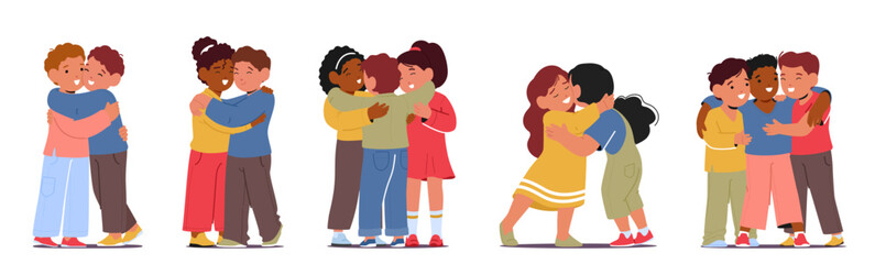 Innocent Giggles And Genuine Smiles, Kids Friends Embrace In A Warm Hug. Little Diverse Boy and Girl Characters