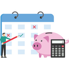 Monthly expenses or budget, savings or investment plan, money management or credit card payments, expenses to pay bills, a smart woman planning her monthly budget with the calendar and piggy bank.