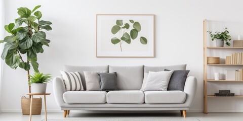 Real photo of a white apartment with a grey sofa, pillows, poster, and plants on cabinets.