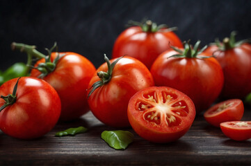 delicious fresh tomatoes fruits with black and blur background, realistic, photorealistic,