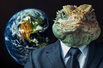 Lizard in a business suit with Earth in background, Lizard People conspiracy theory, artist's impression