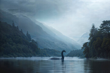 Sighting of the Loch Ness Monster in the fog, Scotland, artist's impression, cryptid