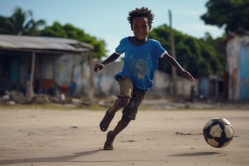 African American teen boy playing soccer - obrazy, fototapety, plakaty
