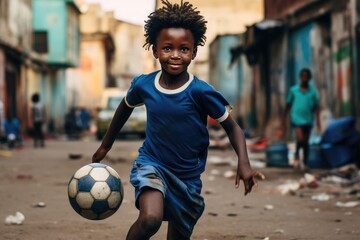 African American teen boy playing soccer