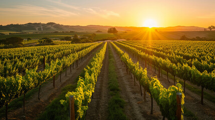 A vineyard landscape at sunset with rows of grapevines, showcasing the picturesque setting of wine...