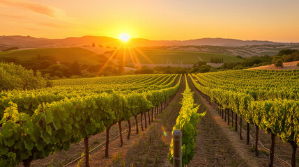 A vineyard landscape at sunset with rows of grapevines, showcasing the picturesque setting of wine...