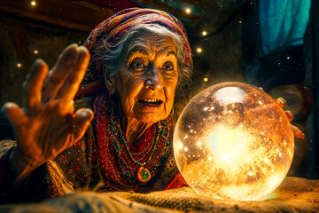 Old woman fortune teller with a crystal ball - obrazy, fototapety, plakaty