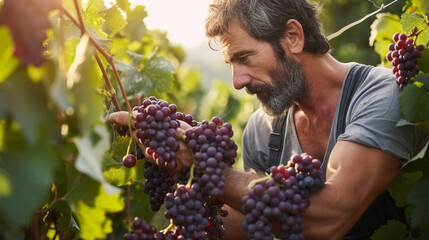 A winemaker inspecting a cluster of ripe grapes in a vineyard, showcasing the dedication and craftsmanship of wine production - obrazy, fototapety, plakaty