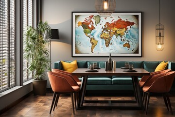 stylist and royal Stylish and eclectic dining room interior with mock up poster map