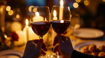 A romantic candlelit dinner with a couple toasting with glasses of red wine, creating an intimate and cozy atmosphere - obrazy, fototapety, plakaty