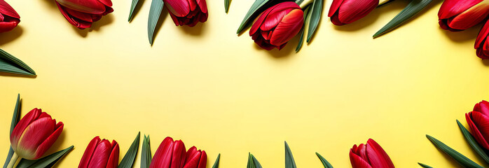Fresh tulips on yellow background, spring and holidays concept, copy space