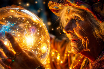 Old lady gazing into a magical crystal ball filled with stars, cosmos, fortune teller - obrazy, fototapety, plakaty