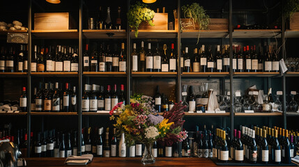 A wine bar with a variety of wine bottles displayed on shelves, portraying a sophisticated and curated selection