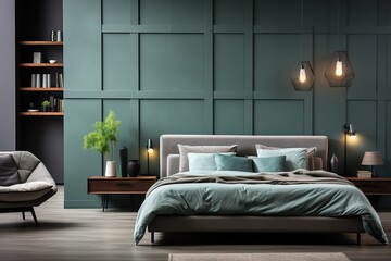 stylist and royal The modern bedroom interior design and blue wall texture background, - obrazy, fototapety, plakaty