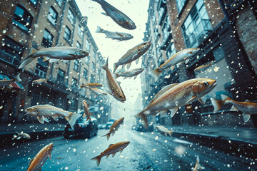 Fish falling from the sky, rain of animals phenomenon - obrazy, fototapety, plakaty