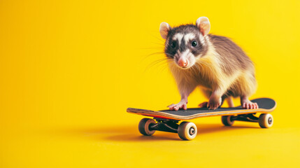 funny cute animals on a skateboard. driving animals on a bright colored yellow background. Funny screensavers. leisure. drive. extreme. Funny animals.