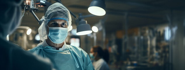  A man wearing a surgical mask and gown. Typical attire of medical professionals, emphasizing dedication to a sterile environment and patient health. Expresses uniformity